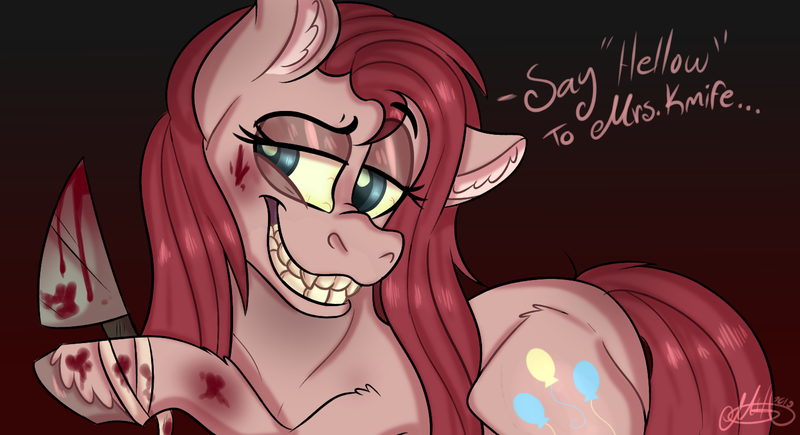 Size: 1472x800 | Tagged: semi-grimdark, artist:millefaller, derpibooru import, pinkie pie, earth pony, pony, fanfic:cupcakes, bandage, bedroom eyes, blood, ear fluff, female, gradient background, hoof hold, image, mare, pinkamena diane pie, png, signature, talking