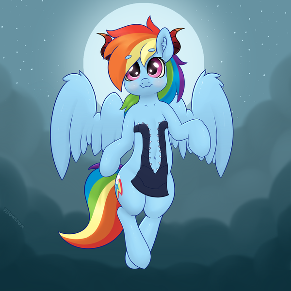 Size: 4000x4000 | Tagged: safe, artist:yelowcrom, derpibooru import, rainbow dash, pegasus, pony, blushing, clothes, cloud, cute, dashabetes, ear fluff, female, halloween, holiday, horns, image, mare, moon, nightmare night, png, solo, solo female, wings