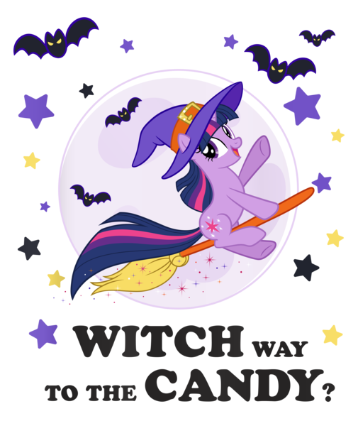 Size: 6734x7996 | Tagged: safe, edit, editor:anonymous, official, twilight sparkle, bat, pony, unicorn, broom, design, featured image, female, flying, flying broomstick, full moon, halloween, hat, holiday, image, mare, moon, png, shirt design, simple background, stars, text, transparent background, unicorn twilight, wingless, wingless edit, witch, witch hat