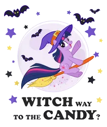 Size: 6734x7996 | Tagged: safe, edit, editor:anonymous, official, twilight sparkle, bat, pony, unicorn, broom, design, featured image, female, flying, flying broomstick, full moon, halloween, hat, holiday, image, mare, moon, png, shirt design, simple background, stars, text, transparent background, unicorn twilight, wingless, wingless edit, witch, witch hat