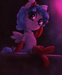 Size: 2480x3000 | Tagged: suggestive, artist:t72b, derpibooru import, cozy glow, pegasus, pony, bow, clothes, costume, curly hair, devil horns, female, filly, foalcon, freckles, hoof on cheek, hoofy-kicks, horns, image, looking at you, png, sitting, socks, solo, stockings, thigh highs, underage