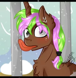 Size: 974x1000 | Tagged: safe, artist:herusann, derpibooru import, oc, unofficial characters only, pony, unicorn, chest fluff, ear fluff, ear piercing, earring, horn, image, jewelry, male, outdoors, piercing, png, signature, snow, stallion, stuck, tongue out, tongue stuck to pole, unicorn oc, wide eyes