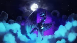Size: 2560x1440 | Tagged: safe, artist:anticular, derpibooru import, nightmare moon, alicorn, pony, fog, full moon, glow, glowing eyes, grin, image, jpeg, looking at you, mist, moon, smiling, solo, spread wings, wings
