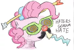 Size: 439x299 | Tagged: safe, artist:askpinkiepieandfriends, derpibooru import, pinkie pie, earth pony, pony, arrow through hat, bust, fake moustache, female, glasses, image, mare, party horn, png, simple background, sketch, solo, white background