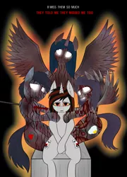 Size: 3061x4245 | Tagged: grimdark, artist:rorrek, derpibooru import, oc, oc:blackjack, oc:lacunae, oc:morning glory (project horizons), oc:p-21, unofficial characters only, alicorn, earth pony, ghost, pegasus, pony, undead, unicorn, fallout equestria, fallout equestria: project horizons, alicorn oc, black background, blood, crying, earth pony oc, fanfic art, female, glow, glowing eyes, high res, horn, image, impalement, male, mare, pegasus oc, png, scar, simple background, stallion, text, unicorn oc, wings