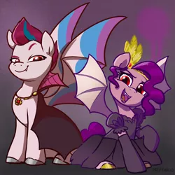 Size: 2048x2048 | Tagged: safe, artist:pfeffaroo, derpibooru import, pipp petals, zipp storm, bat pony, pony, undead, vampire, my little pony: a new generation, spoiler:my little pony: a new generation, abstract background, cape, clothes, dress, duo, female, g5, halloween, holiday, image, mare, nightmare night, png, race swap, siblings, sisters