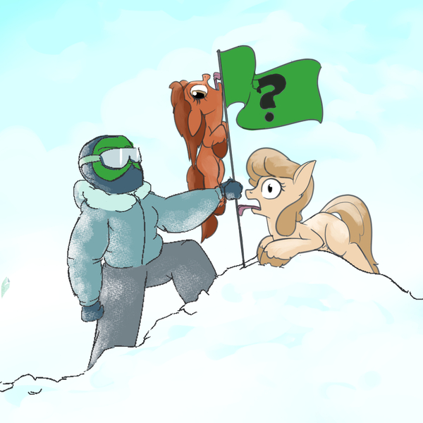 Size: 1000x1000 | Tagged: safe, artist:rocket-lawnchair, edit, ponerpics import, oc, oc:anon, oc:bright earth, oc:snow glide, earth pony, pony, taiga pony, drawthread, female, flag pole, goggles, image, jpeg, mare, snow, suprised look, tongue out, tongue stuck to pole