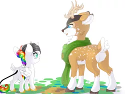 Size: 3968x2976 | Tagged: safe, derpibooru import, oc, oc:lightning bliss, oc:tyandaga, unofficial characters only, alicorn, deer, pony, reindeer, alicorn oc, antlers, clothes, duo, female, filly, horn, image, male, png, scarf, schokocream, simple background, white background, wings