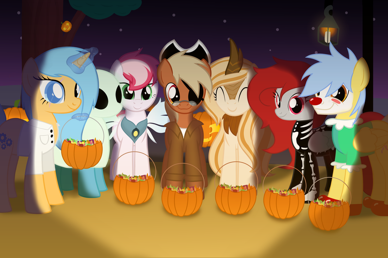 Size: 6000x4000 | Tagged: safe, artist:candy meow, derpibooru import, oc, oc:astral charm, oc:flan, oc:hullabaloo, oc:mercury, oc:olga ulfstig, oc:pyrite, oc:swift, unofficial characters only, earth pony, kirin, pegasus, pony, unicorn, absurd resolution, candle, candy, chest fluff, clothes, clown, clown nose, clown outfit, clown shoes, container, costume, dark, digital art, dirt, earth pony oc, eye scar, eyepatch, eyes closed, face paint, fake horn, fake wings, female, folded wings, food, game, ghost costume, glasses, glow, glowing horn, group, halloween, halloween 2021, halloween costume, hat, holiday, horn, image, jack-o-lantern, kirinified, lab coat, lamppost, lantern, legends of equestria, levitation, lights, looking at you, mad scientist, magic, magic aura, male, mane, mare, night, night sky, nightmare night, nightmare night 2021, npc, overcoat, pegasus oc, pirate costume, pirate hat, pirate outfit, png, ponydale, pumpkin, pumpkin bucket, pumpkin carving, road, scar, shadow, sheet, shirt, show accurate, skeleton costume, sky, smiling, smiling at you, species swap, stallion, standing, stars, tail, telekinesis, tree, trick or treat, two toned mane, two toned tail, undershirt, unicorn oc, video game, wall of tags, wings