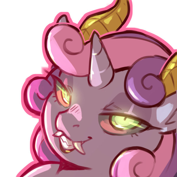 Size: 1159x1159 | Tagged: safe, artist:cold-blooded-twilight, derpibooru import, apple bloom, scootaloo, sweetie belle, demon, unicorn, cutie mark crusaders, eyeshadow, fangs, female, glow, glowing eyes, halloween, holiday, horn, horns, image, lipstick, looking at you, makeup, png, simple background, solo, solo female, transparent background