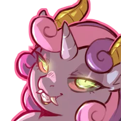 Size: 1159x1159 | Tagged: safe, artist:cold-blooded-twilight, derpibooru import, apple bloom, scootaloo, sweetie belle, demon, unicorn, cutie mark crusaders, eyeshadow, fangs, female, glow, glowing eyes, halloween, holiday, horn, horns, image, lipstick, looking at you, makeup, png, simple background, solo, solo female, transparent background