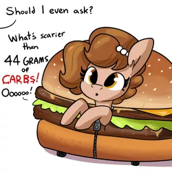 Size: 1584x1584 | Tagged: safe, artist:tjpones, derpibooru import, oc, oc:brownie bun, unofficial characters only, earth pony, pony, horse wife, burger, cheeseburger, clothes, costume, dialogue, female, food, food costume, halloween, halloween costume, hamburger, holiday, image, mare, offscreen character, png, simple background, solo, white background