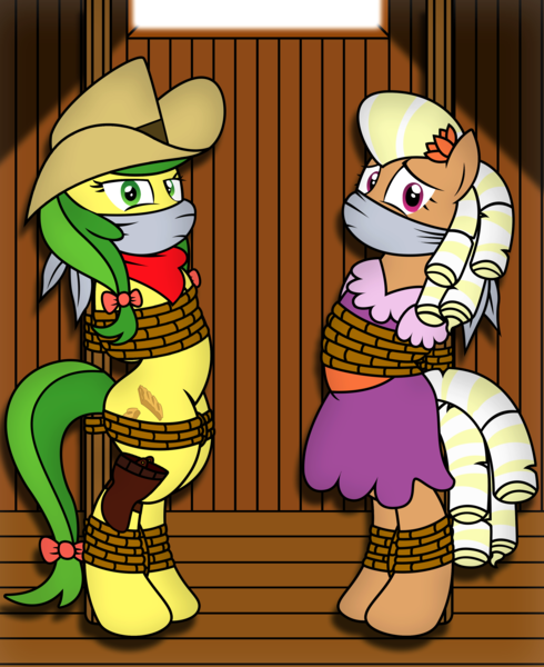 Size: 2801x3431 | Tagged: suggestive, derpibooru import, apple fritter, prairie belle, earth pony, pony, semi-anthro, apple family member, arm behind back, bandana, bondage, bound, bound and gagged, bow, cloth gag, clothes, cowgirl, damsel in distress, dress, female, flower, flower in hair, gag, image, kidnapped, mare, png, rope, rope bondage, standing, tied up, western