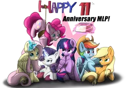 Size: 5016x3541 | Tagged: safe, artist:db, derpibooru import, applejack, fluttershy, pinkie pie, rainbow dash, rarity, twilight sparkle, twilight sparkle (alicorn), alicorn, earth pony, pegasus, pony, unicorn, 11th anniversary, anniversary, image, magic, mane six, png