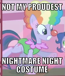 Size: 517x600 | Tagged: safe, derpibooru import, edit, edited screencap, editor:twi clown, screencap, twilight sparkle, pony, unicorn, the ticket master, caption, clothes, clown, clown nose, clown wig, costume, female, image, image macro, leotard, mare, nightmare night, png, text, unicorn twilight