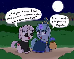 Size: 2121x1701 | Tagged: safe, artist:heretichesh, derpibooru import, oc, oc:blue pill, oc:red pill, unofficial characters only, pony, unicorn, bag, brother and sister, clothes, colt, costume, dialogue, duo, female, filly, full moon, halloween, hat, holiday, image, jpeg, male, moon, night, nightmare night costume, siblings, speech bubble, suit, sunglasses, trick or treat, wizard hat, wizard robe
