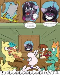 Size: 1602x2024 | Tagged: safe, artist:duragan, derpibooru import, arizona cow, oleander (tfh), paprika paca, pom lamb, tianhuo, velvet reindeer, them's fightin' herds, arizona (tfh), axe, community related, deranged, fightin' six, fire axe, glow, glowing eyes, image, paprika (tfh), parody, png, pom (tfh), simpsons did it, stopwatch, table, the shining, the shinning, this will end in death, tianhuo (tfh), weapon