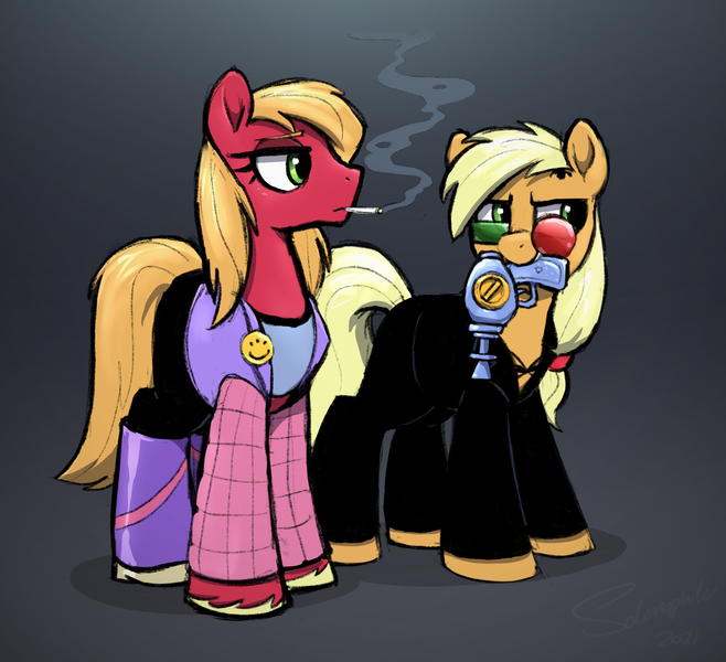 Size: 2687x2451 | Tagged: safe, artist:selenophile, derpibooru import, applejack, big macintosh, earth pony, pony, channon yarrow, cigarette, clothes, costume, crossdressing, crossplay, glasses, gun, halloween, halloween costume, holiday, image, mouth hold, png, smoking, spider jerusalem, transmetropolitan, weapon