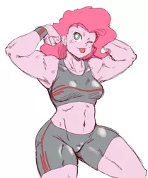 Size: 1214x1451 | Tagged: safe, artist:boxchan, derpibooru import, pinkie pie, human, ;p, belly button, clothes, compression shorts, female, flexing, humanized, image, muscles, muscular female, one eye closed, pinkie pump, pinkie thighs, png, pony coloring, simple background, smiling, solo, sports bra, sweatband, thighs, thunder thighs, tongue out, white background, wink