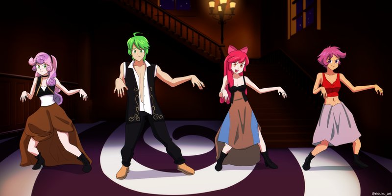 Size: 1600x800 | Tagged: safe, artist:riouku, derpibooru import, apple bloom, scootaloo, spike, sweetie belle, human, backstreet boys, clothes, commission, costume, cutie mark crusaders, dancing, female, humanized, image, male, png, scootaspike, shipping, spikebelle, spikebloom, straight