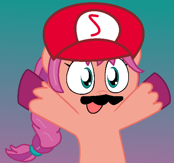 Size: 566x532 | Tagged: safe, artist:jadethepegasus, artist:pupster0071, derpibooru import, sunny starscout, earth pony, pony, base used, cap, crossover, cute, fake moustache, female, g5, hat, image, mare, mario, mario's hat, open mouth, png, raised hoof, solo, sunnybetes, unshorn fetlocks