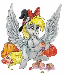 Size: 1280x1497 | Tagged: safe, artist:ocelotfire-art, derpibooru import, derpy hooves, pegasus, pony, female, food, hat, image, jpeg, mare, muffin, october, pumpkin, pumpkin spice, signature, sitting, smiling, solo, spread wings, traditional art, wings, witch hat