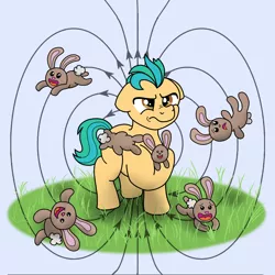 Size: 1280x1280 | Tagged: safe, artist:pony-thunder, derpibooru import, hitch trailblazer, earth pony, pony, rabbit, animal, critter magnet, floppy ears, frown, g5, hitch is not amused, image, jpeg, literal, magnetic field, male, solo, stallion