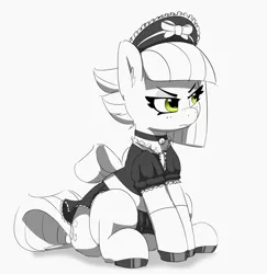 Size: 2484x2556 | Tagged: safe, artist:pabbley, derpibooru import, limestone pie, earth pony, pony, bell, bell collar, black and white, choker, clothes, collar, dress, female, frown, grayscale, high res, hoof polish, image, jpeg, looking away, maid, maid headdress, mare, monochrome, neo noir, partial color, simple background, sitting, socks, solo, white background