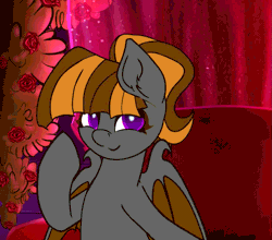 Size: 1121x986 | Tagged: safe, artist:theotherpony, derpibooru import, oc, oc:mythic dawn, unofficial characters only, bat pony, pony, animated, bat pony oc, bat wings, blinking, commission, cute, detailed background, ear fluff, eyebrows, female, gif, hoof on chin, image, looking at you, mare, ocbetes, offscreen character, open mouth, ponytail, pov, purple eyes, romantic, smiling, smiling at you, solo, toothy grin, wings, ych result