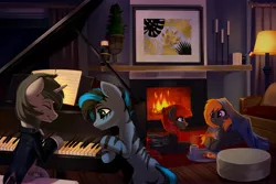Size: 4096x2731 | Tagged: safe, artist:taneysha, derpibooru import, oc, oc:darius, unofficial characters only, earth pony, pegasus, pony, unicorn, comfy, cozy, eyes closed, fireplace, flag, image, indoors, jpeg, mug, musical instrument, piano, sitting, smiling, under blanket