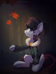 Size: 2164x2860 | Tagged: safe, artist:taneysha, derpibooru import, oc, unofficial characters only, earth pony, pony, autumn, clothes, ear fluff, ear piercing, female, forest, image, jacket, jpeg, leaf, mare, piercing, sitting, solo, tree