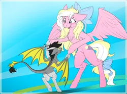 Size: 2905x2160 | Tagged: safe, artist:kavvi, derpibooru import, oc, oc:bay breeze, oc:kavvi, unofficial characters only, hybrid, pegasus, pony, cute, dancing, female, image, male, png, simple background