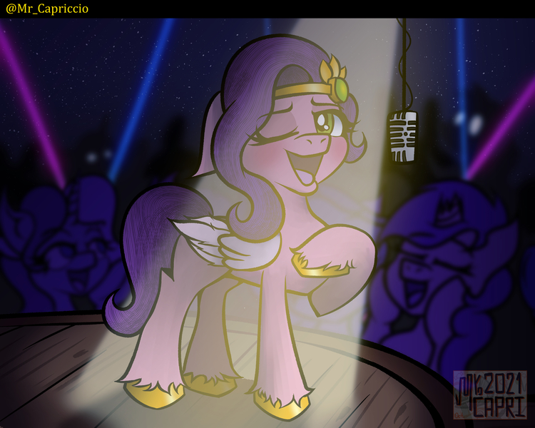 Size: 3750x3000 | Tagged: safe, artist:mrcapriccio, derpibooru import, pipp petals, pegasus, pony, my little pony: a new generation, spoiler:my little pony: a new generation, background, concert, g5, high res, image, jpeg, laser, raised hoof, singing