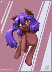 Size: 1073x1500 | Tagged: safe, artist:kingjnar, derpibooru import, oc, oc:jayna, unofficial characters only, earth pony, pony, abstract background, female, glasses, image, jpeg, looking at you, mare, raised hoof, raised leg, smiling, solo