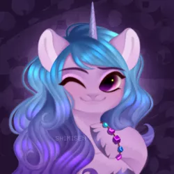 Size: 1800x1800 | Tagged: safe, artist:shimisen, derpibooru import, izzy moonbow, pony, unicorn, my little pony: a new generation, spoiler:my little pony: a new generation, bust, cute, female, g5, image, izzybetes, mare, one eye closed, png, smiling, solo, wink