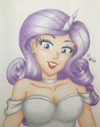 Size: 900x1144 | Tagged: safe, artist:mayorlight, derpibooru import, rarity, human, breasts, bust, busty rarity, choker, cleavage, eyeshadow, horn, horned humanization, humanized, image, jpeg, light skin, lipstick, looking at you, makeup, pencil drawing, portrait, simple background, solo, traditional art