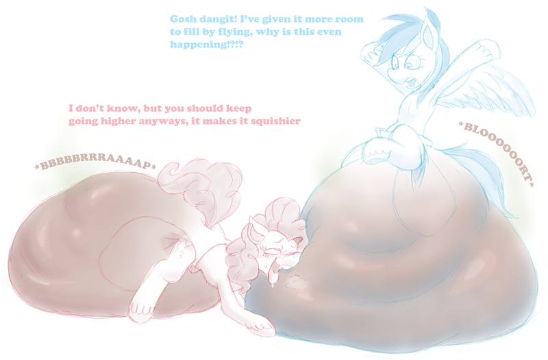 Size: 6490x4263 | Tagged: questionable, artist:krinklymay, derpibooru import, pinkie pie, rainbow dash, earth pony, pegasus, pony, ahegao, dialogue, diaper, diaper fetish, diaper grinding, duo, duo female, female, females only, fetish, flying, hooves in air, hypermess, image, impossibly large diaper, mare, messy diaper, one eye closed, onomatopoeia, open mouth, png, poop, pooping, pooping in diaper, poopy diaper, squishy, tongue out