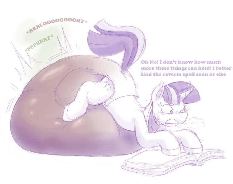 Size: 3454x2734 | Tagged: questionable, artist:krinklymay, derpibooru import, twilight sparkle, pony, unicorn, blushing, book, breath, dialogue, diaper, diaper fetish, female, fetish, gritted teeth, hypermess, image, impossibly large diaper, mare, messy diaper, one eye closed, onomatopoeia, png, poop, pooping, pooping in diaper, poopy diaper, solo, solo female, spell gone wrong, squishy, sweat, sweatdrops, unicorn twilight