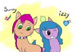 Size: 1104x745 | Tagged: safe, artist:foxy1219, derpibooru import, izzy moonbow, sunny starscout, cat, my little pony: a new generation, spoiler:my little pony: a new generation, ball, catified, duo, female, g5, grin, image, one eye closed, png, smiling, species swap, tennis ball, wink