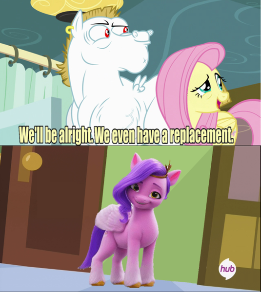 Size: 929x1041 | Tagged: safe, derpibooru import, edit, edited screencap, screencap, bulk biceps, fluttershy, pipp petals, my little pony: a new generation, rainbow falls, spoiler:g5, spoiler:my little pony: a new generation, exploitable meme, g5, image, meme, png, replacement meme