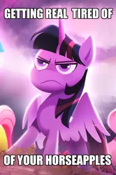 Size: 589x888 | Tagged: safe, artist:imalou, derpibooru import, edit, fluttershy, twilight sparkle, my little pony: a new generation, spoiler:my little pony: a new generation, cropped, frown, g5, image, jpeg, meme, reaction image, text, twilight is not amused, unamused