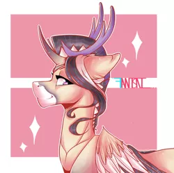 Size: 2017x2009 | Tagged: safe, artist:fantisai, derpibooru import, oc, unofficial characters only, deer, pegadeer, pony, abstract background, bust, horn, image, jpeg, smiling, solo