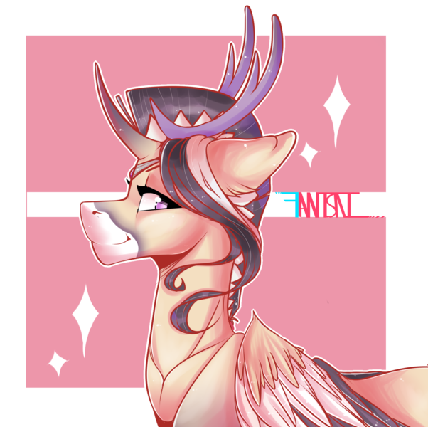 Size: 2017x2009 | Tagged: safe, alternate version, artist:fantisai, derpibooru import, oc, unofficial characters only, deer, pegadeer, pony, abstract background, bust, horn, image, png, simple background, smiling, solo, transparent background