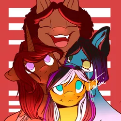 Size: 2000x2000 | Tagged: safe, artist:fantisai, derpibooru import, oc, unofficial characters only, earth pony, pony, unicorn, :d, abstract background, earth pony oc, glasses, group, horn, image, jpeg, open mouth, open smile, signature, smiling, unicorn oc