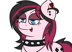 Size: 1100x800 | Tagged: safe, artist:tranzmuteproductions, derpibooru import, oc, oc:xena, unofficial characters only, earth pony, pony, bedroom eyes, bust, choker, ear piercing, earring, earth pony oc, eyelashes, goth, image, jewelry, lipstick, piercing, png, simple background, smiling, solo, spiked choker, transparent background