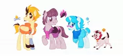 Size: 3000x1382 | Tagged: safe, artist:xxxan_of_fiery, derpibooru import, oc, oc:mystery (mysteryben), ponified, dog, earth pony, pegasus, pony, unicorn, amputee, clothes, collar, female, group, image, jacket, jpeg, lewis, male, mare, mystery skulls, mystery skulls ghost, prosthetic limb, prosthetics, scarf, simple background, stallion, sunglasses, white background