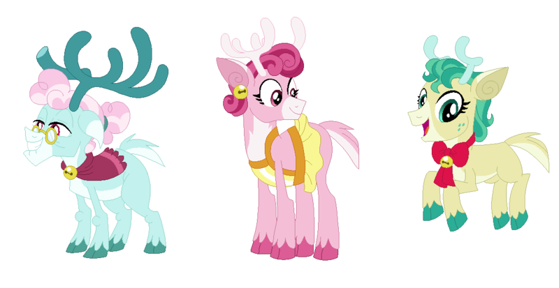 Size: 1155x596 | Tagged: safe, artist:tragedy-kaz, derpibooru import, alice the reindeer, aurora the reindeer, bori the reindeer, deer, pony, reindeer, antlers, base used, female, glasses, image, looking back, png, smiling