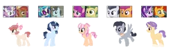 Size: 2760x831 | Tagged: safe, artist:tragedy-kaz, derpibooru import, button mash, rumble, scootaloo, starlight glimmer, sunburst, sweetie belle, vinyl scratch, pony, unicorn, base used, colt, female, filly, image, male, mare, offspring, parent:button mash, parent:rumble, parent:scootaloo, parent:starlight glimmer, parent:sunburst, parent:sweetie belle, parents:rumbloo, parents:starburst, parents:sweetiemash, png, screencap reference, simple background, stallion, transparent background