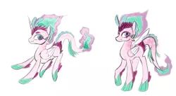 Size: 1521x831 | Tagged: safe, artist:tragedy-kaz, derpibooru import, oc, unofficial characters only, alicorn, hybrid, pony, alicorn oc, duo, female, horn, image, interspecies offspring, magical lesbian spawn, mare, offspring, parent:princess celestia, parent:queen novo, parents:novolestia, png, simple background, white background, wings