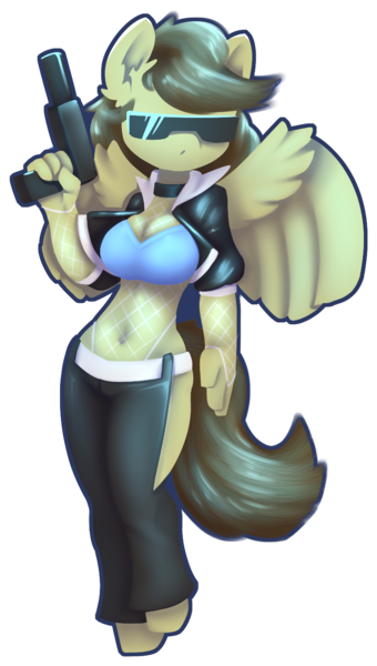 Size: 798x1408 | Tagged: safe, artist:afkregen, derpibooru import, oc, oc:static spark, unofficial characters only, anthro, pegasus, unguligrade anthro, belly button, breasts, cleavage, clothes, collar, female, fishnets, gun, handgun, image, pistol, png, solo, sunglasses, weapon, wings